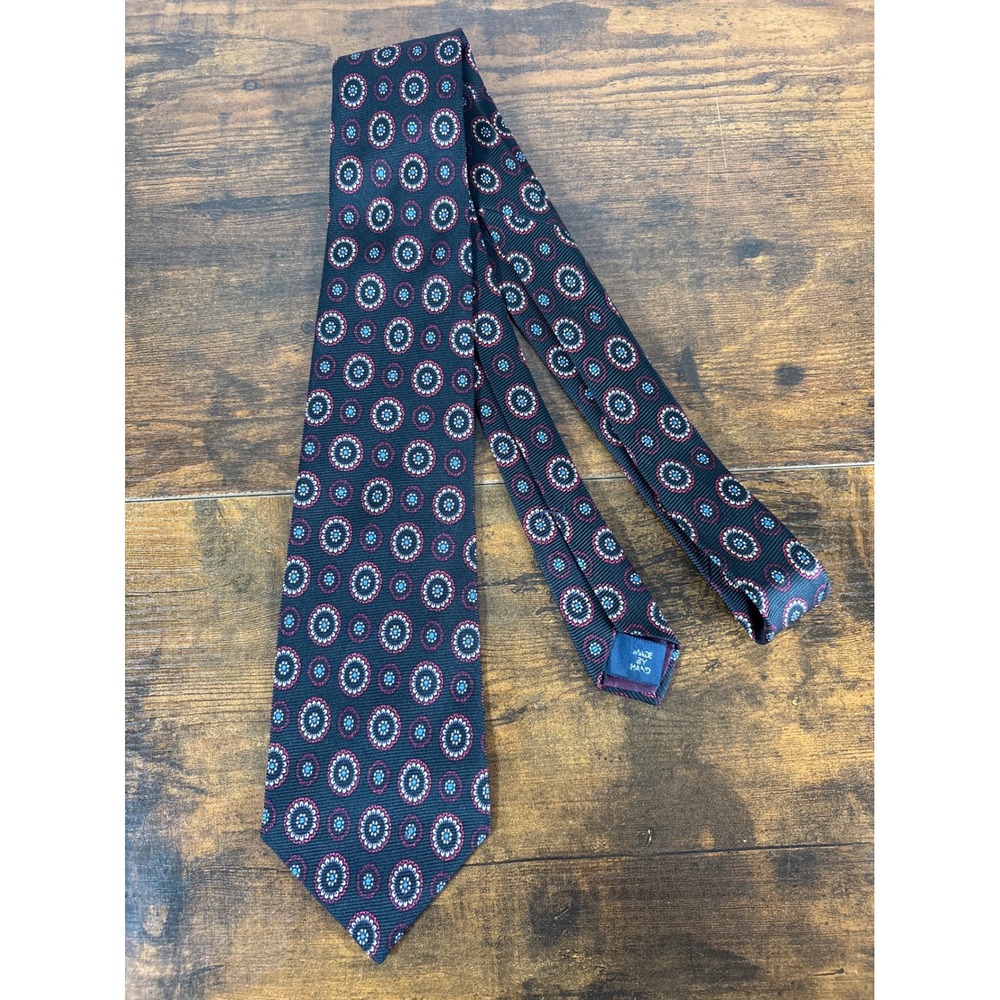 Polo Ralph Lauren Silk Necktie Navy Blue Red Medallion Geometric Hand Made USA